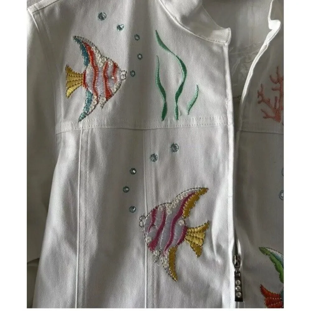 Quacker Factory‎ White Jacket Medium Fish Embroidered Rhinestone - Picture 7 of 10